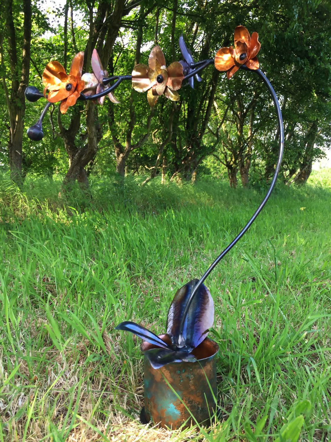 Hand Forged Iron & Copper Orchid Sculpture with Patina Vase, Life Size Flower Hand Forged Iron & Copper Orchid Sculpture with Patina Vase, Life Size Flower