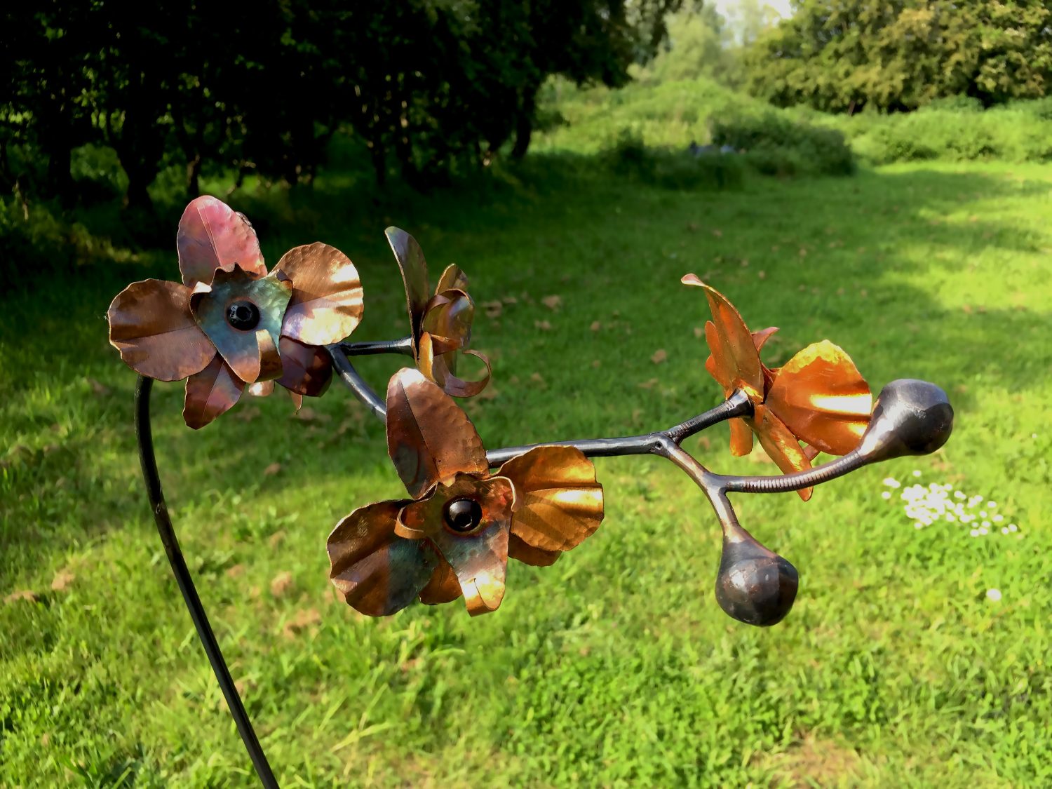 Hand Forged Iron & Copper Orchid Sculpture with Patina Vase, Life Size Flower Hand Forged Iron & Copper Orchid Sculpture with Patina Vase, Life Size Flower