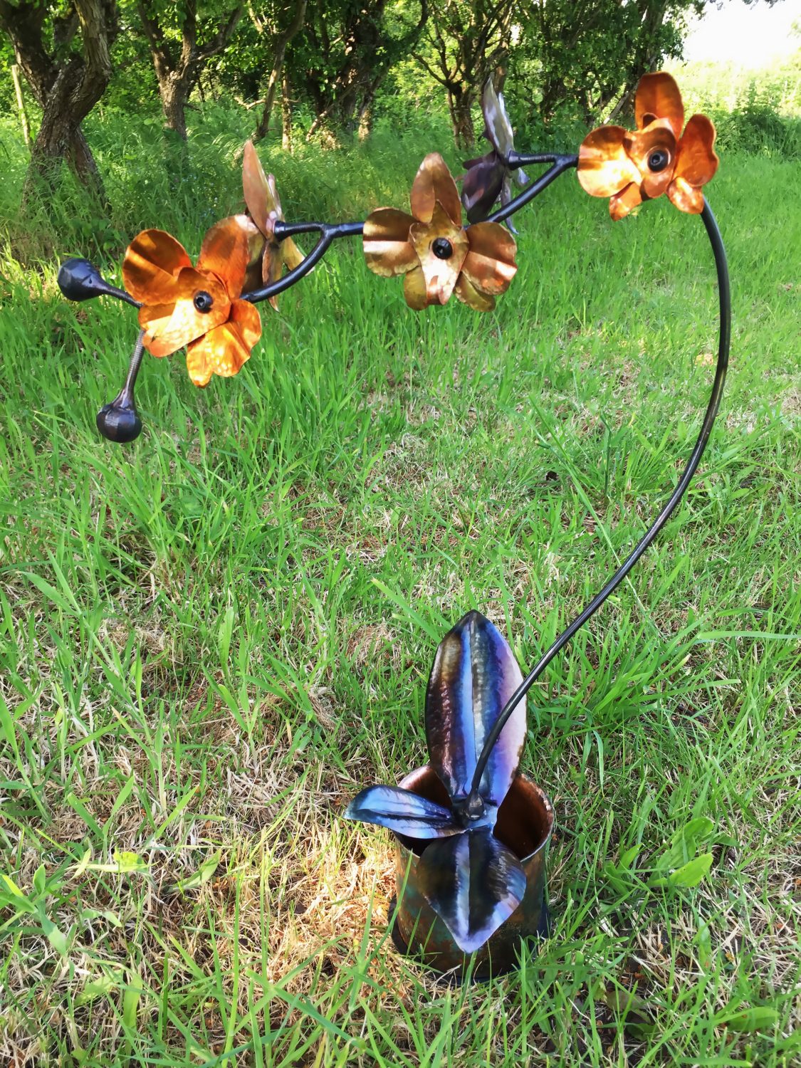 Hand Forged Iron & Copper Orchid Sculpture with Patina Vase, Life Size Flower Hand Forged Iron & Copper Orchid Sculpture with Patina Vase, Life Size Flower