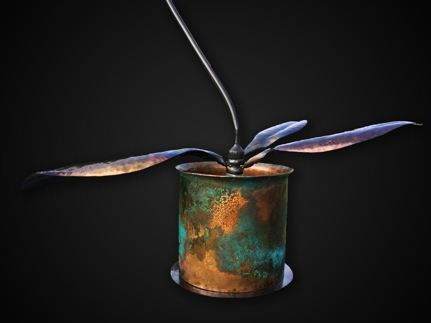 Hand Forged Iron & Copper Orchid Sculpture with Patina Vase, Life Size Flower Hand Forged Iron & Copper Orchid Sculpture with Patina Vase, Life Size Flower
