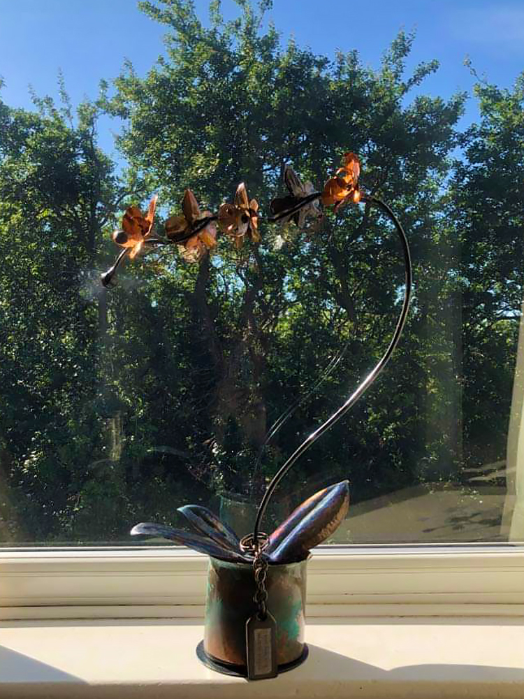 Hand Forged Iron & Copper Orchid Sculpture with Patina Vase, Life Size Flower Hand Forged Iron & Copper Orchid Sculpture with Patina Vase, Life Size Flower