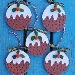 Christmas Pudding Cornish Sea Glass Log Slice Hanging Tree Decoration Handmade Handpainted Gift