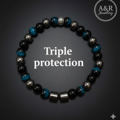 Triple Protection Bracelet Hematite Obsidian Blue Tiger Eye 14-20cm Mens Womens 1 Triple Protection Bracelet Hematite Obsidian Blue Tiger Eye 14-20cm Mens Womens 1