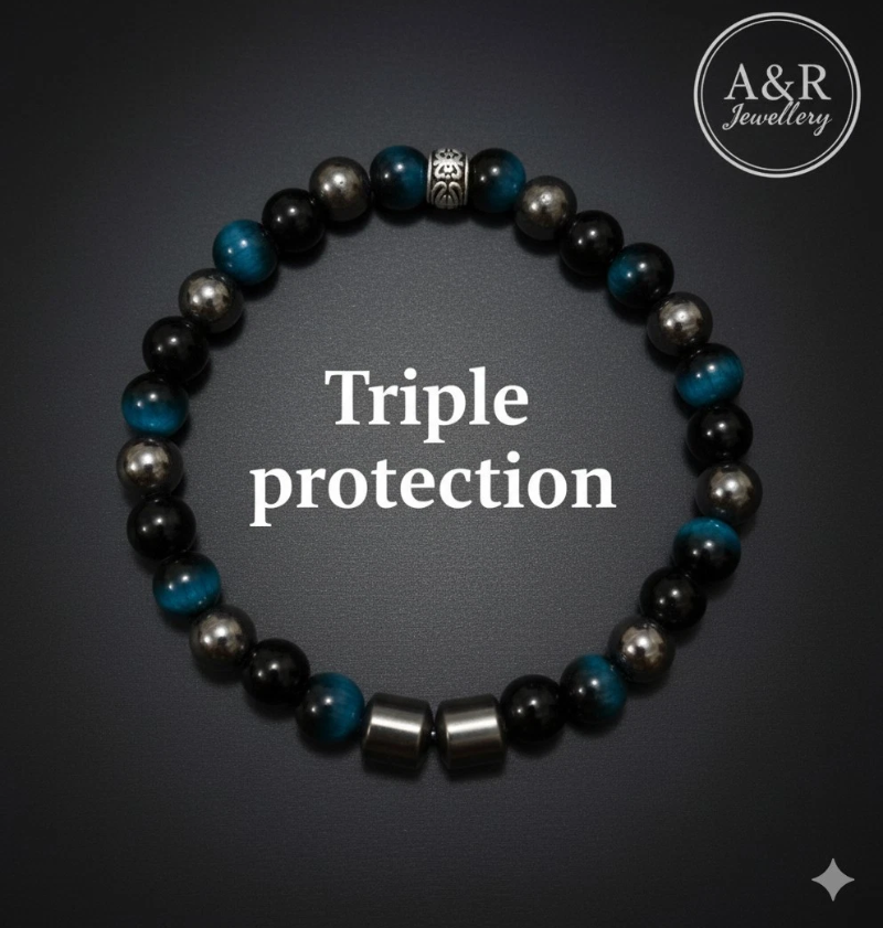 Triple Protection Bracelet Hematite Obsidian Blue Tiger Eye 14-20cm Mens Womens Triple Protection Bracelet Hematite Obsidian Blue Tiger Eye 14-20cm Mens Womens