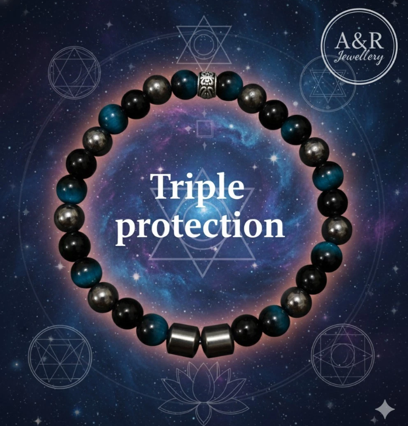 Triple Protection Bracelet Hematite Obsidian Blue Tiger Eye 14-20cm Mens Womens Triple Protection Bracelet Hematite Obsidian Blue Tiger Eye 14-20cm Mens Womens