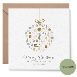 Personalised Family Bauble Christmas Card, Handmade in the UK, Premium Hammered or Smooth 6x6" Card Stock, Customisable Nam