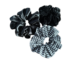 3 Pack Large Scrunchies – Black Satin, Black Velvet & Black Check Cotton Hair Ties, Oversized Scrunchie Set for Thick Hair, Handmade UK