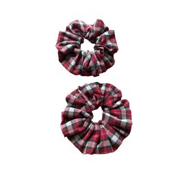 2 Pack Large Red Tartan Scrunchies – Oversized Cotton Plaid Hair Ties, Handmade Thick Hair Scrunchie Set, Christmas Gift for Her