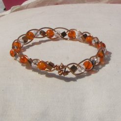 Copper plaited bracelet, crystal, orange glass, copper cubes