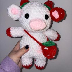 🍓 Strawberry Cow Plushie – Handmade Crochet Cow Toy