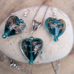 Teal glass heart jewellery set