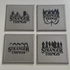 Set Of 4 Custom Stranger Things Leatherette Drink Mats /Coasters Silver Gift Set