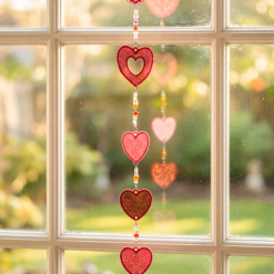 Heart Suncatcher Garland • Handmade Embroidered Hearts • Cotton & Mylar • Glass Beads • Window Hanging • Romantic Home Decor