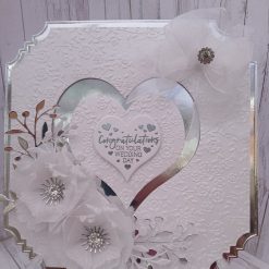 Luxury Handmade - Silver & White shaped Wedding Congratulations Card, White Peonies & organza bow
