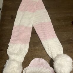 Sparkly Pink & Sparkly White Pom Pom Scarf with matching reversible Beanie
