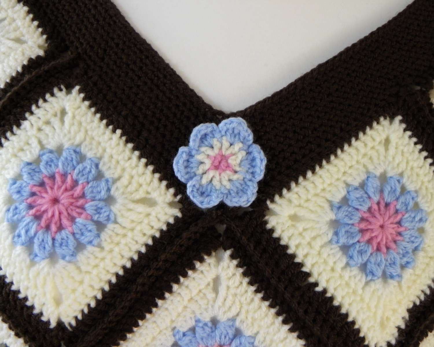 Hand Crocheted, Boho-inspired Chocolate and Cream floral poncho Hand Crocheted, Boho-inspired Chocolate and Cream floral poncho
