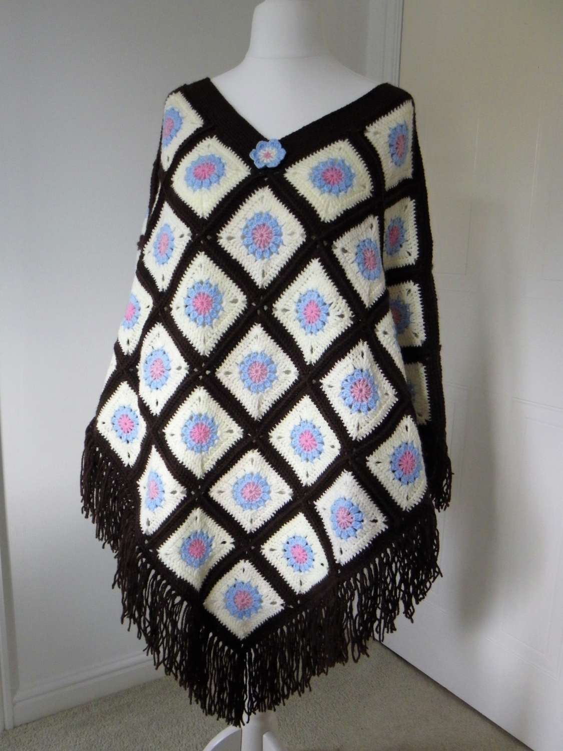 Hand Crocheted, Boho-inspired Chocolate and Cream floral poncho Hand Crocheted, Boho-inspired Chocolate and Cream floral poncho
