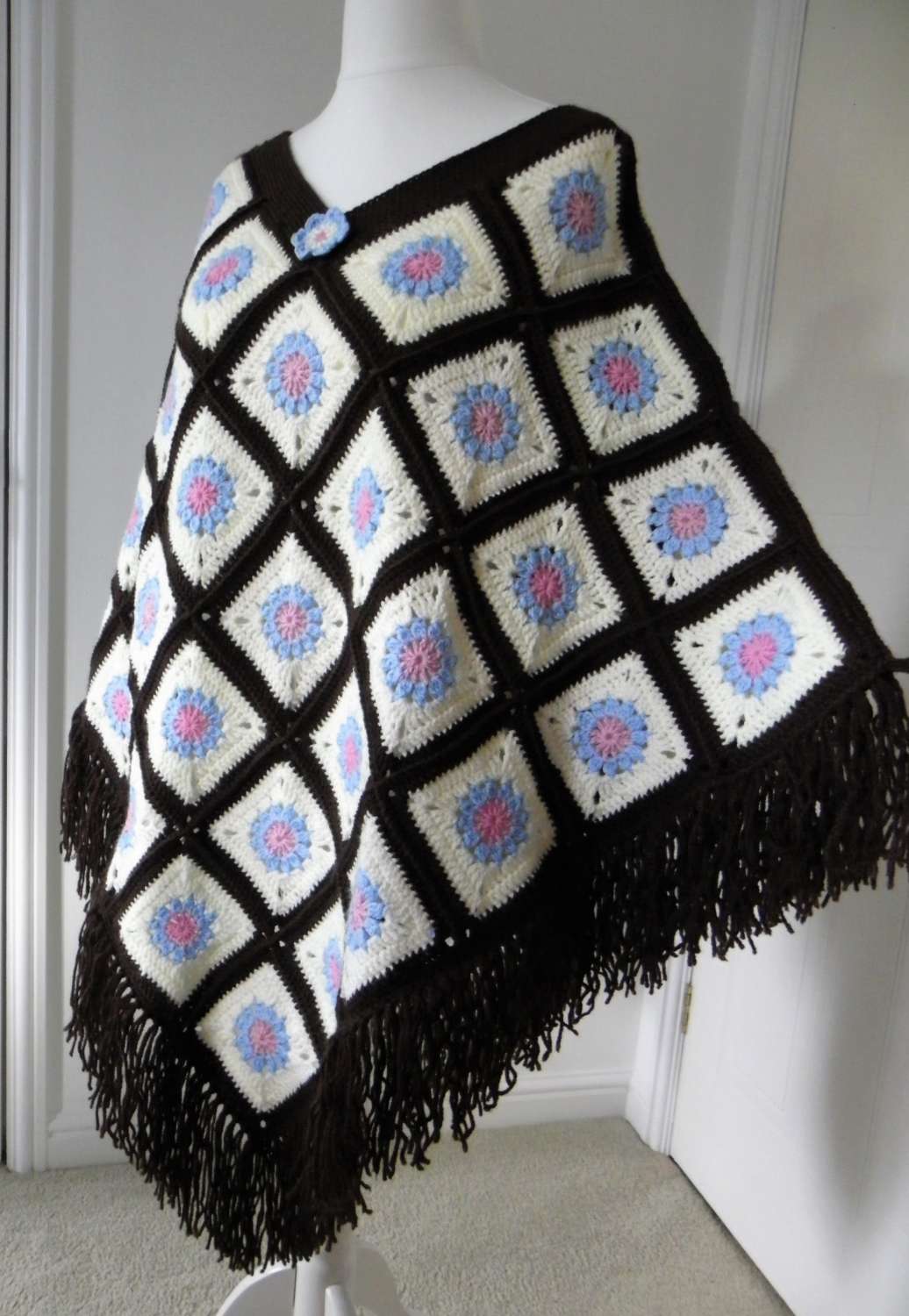 Hand Crocheted, Boho-inspired Chocolate and Cream floral poncho Hand Crocheted, Boho-inspired Chocolate and Cream floral poncho