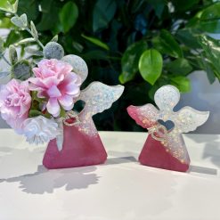 Handmade freestanding small 2 tone glitter resin angel with ribbon & heart 💙