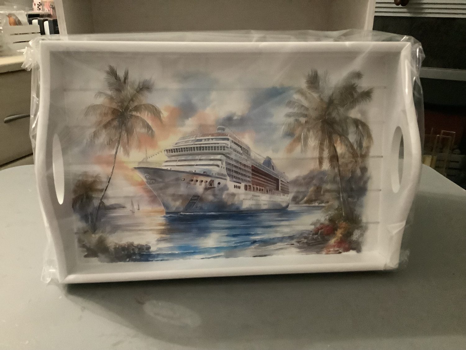 IMG_7347 HANDCRAFTED DECOUPAGED SOFA TRAY WITH A CRUISE SHIP DESIGN 1
