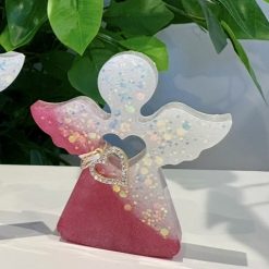 Handmade freestanding small 2 tone glitter resin angel with ribbon & heart 💙