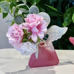 Handmade freestanding large 2 tone glitter resin angel with ribbon & heart