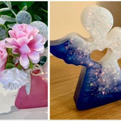 Handmade freestanding large 2 tone glitter resin angel blue & white with flowers & charm