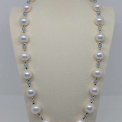 White Round Graduated Pearl & Aquamarine Necklace