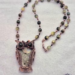 Bare Copper Wirework And Gemstone/Fossil Owl Necklace