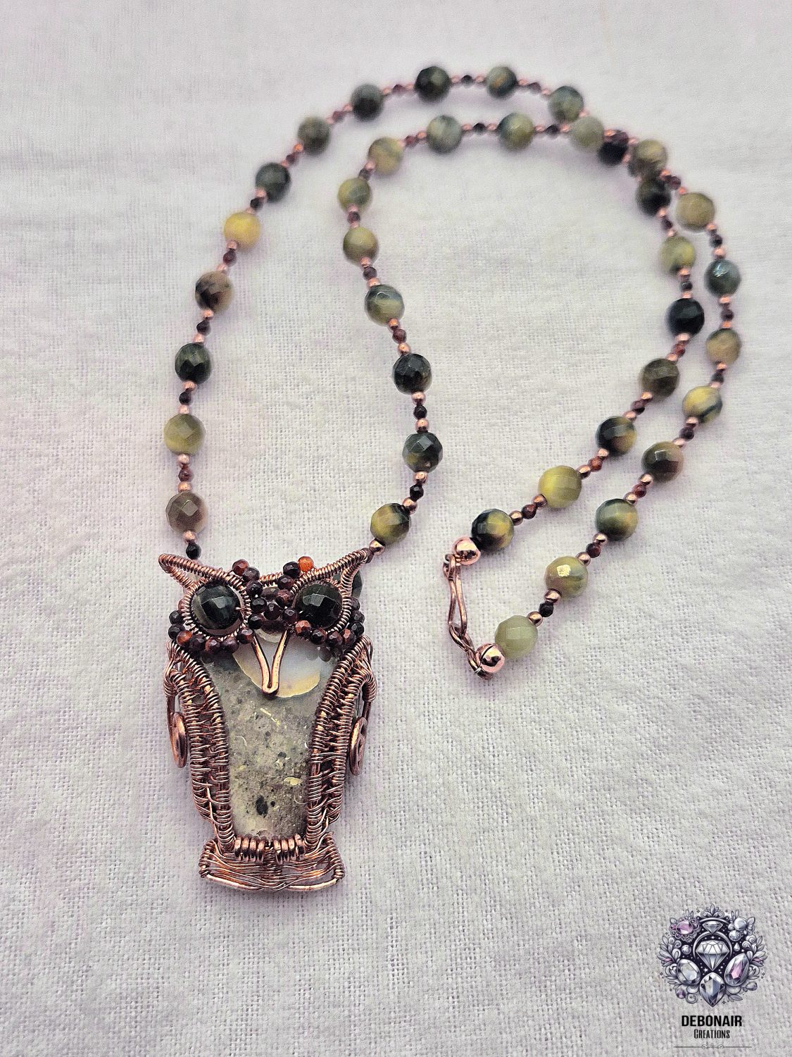 Bare Copper Wirework And Gemstone/Fossil Owl Necklace Bare Copper Wirework And Gemstone/Fossil Owl Necklace