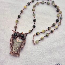 Bare Copper Wirework And Gemstone/Fossil Owl Necklace 2 Bare Copper Wirework And Gemstone/Fossil Owl Necklace 2