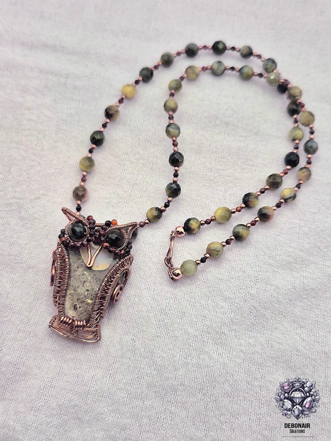 Bare Copper Wirework And Gemstone/Fossil Owl Necklace Bare Copper Wirework And Gemstone/Fossil Owl Necklace