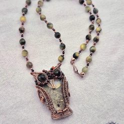 Bare Copper Wirework And Gemstone/Fossil Owl Necklace 1 Bare Copper Wirework And Gemstone/Fossil Owl Necklace 1