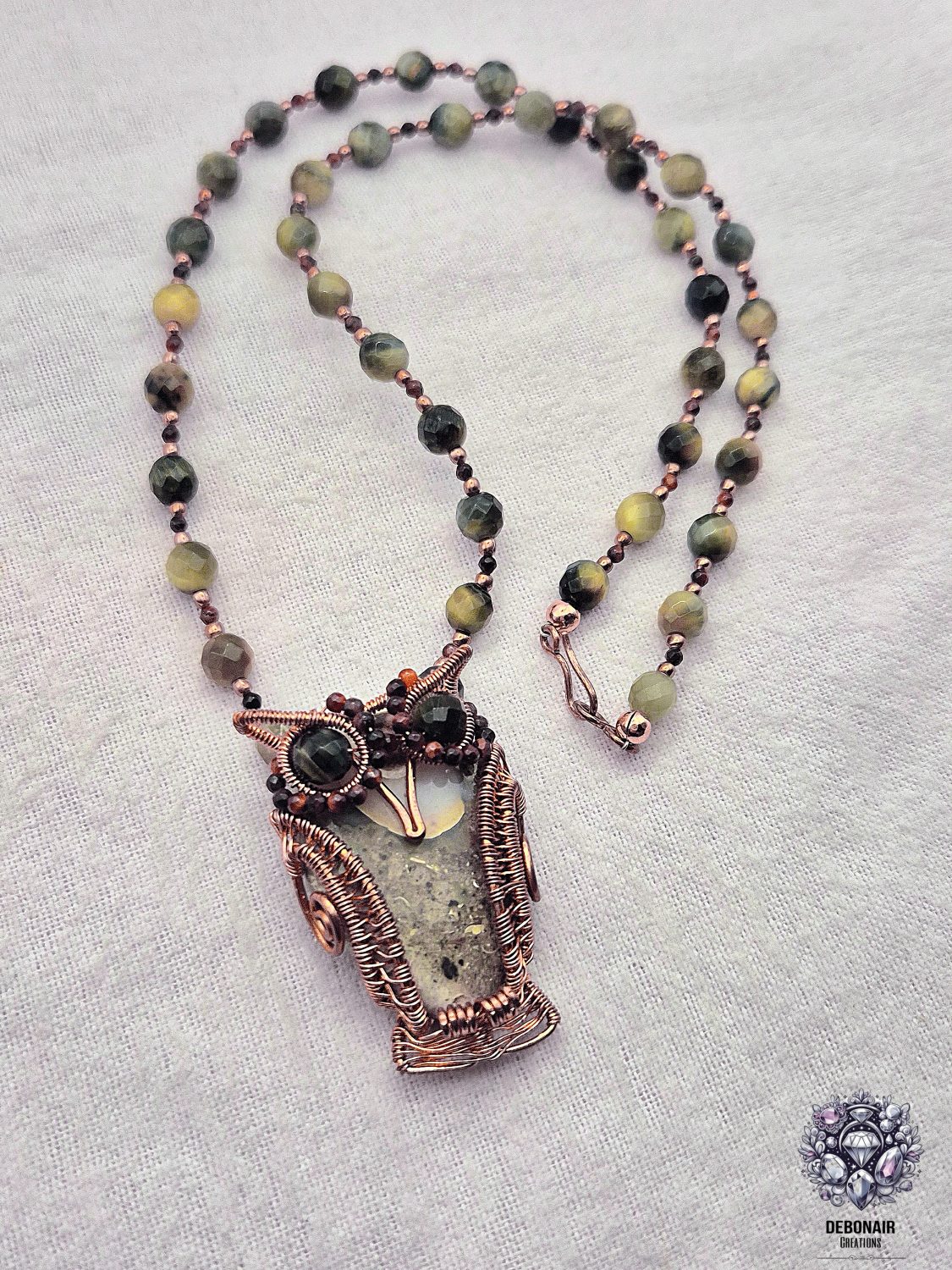 Bare Copper Wirework And Gemstone/Fossil Owl Necklace Bare Copper Wirework And Gemstone/Fossil Owl Necklace
