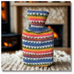 Dinky hot water bottle with handcrafted knitted cover - yarn design Kim