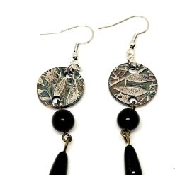 Silver drop earrings with patina & black beads - Handmade