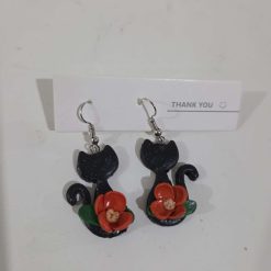 Black Cat Red Poppy Earrings, Polymer Clay Goth Jewellery, Cosplay Accessories