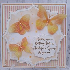 Luxury Handmade Birthday Card - Shades of pink, orange & cream with glittery vellum butterflies