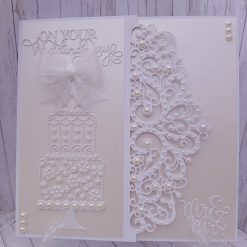 Luxury Handmade Wedding Card - White & Ivory - tiered cake embellished with pearls & filagree pearl embellished side
