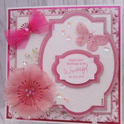 Luxury Handmade Birthday Card - Pretty pink & white peony with gilded butterfly embossed frame