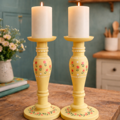 Hand Painted Folk Art Candlesticks with Ivory Pillar Candles