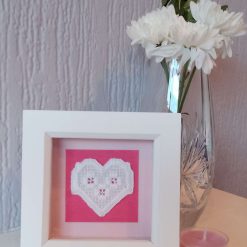 Hardanger Embroidery Heart Picture - White Frame