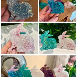 Handmade freestanding glitter resin bunny with flower detail