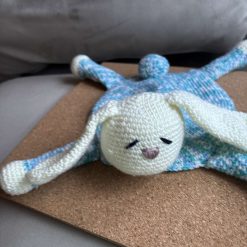 Handmade Crochet Bunny Lovey Blanket – Blue & Cream Baby Comforter