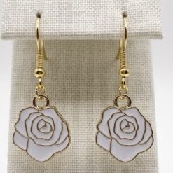 White, Gold Close Up Rose Earrings