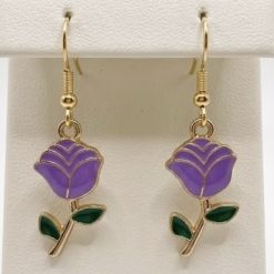 Purple Gold Flower With Leaves Earrings