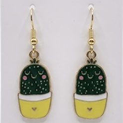 Dark Green Happy Cactus With Heart Earrings