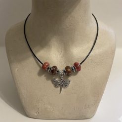Brown and Orange Beaded Necklace With Dragonfly Charm