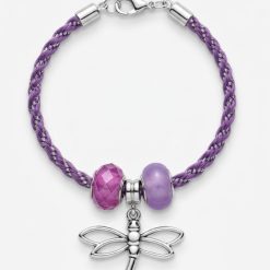 18cm Silver and Purple Braided Bracelet With Purple Beads and Silver Dragonfly Charm