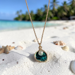 24kt Gold Plated Shell, Teal Resin & Pearl Bead